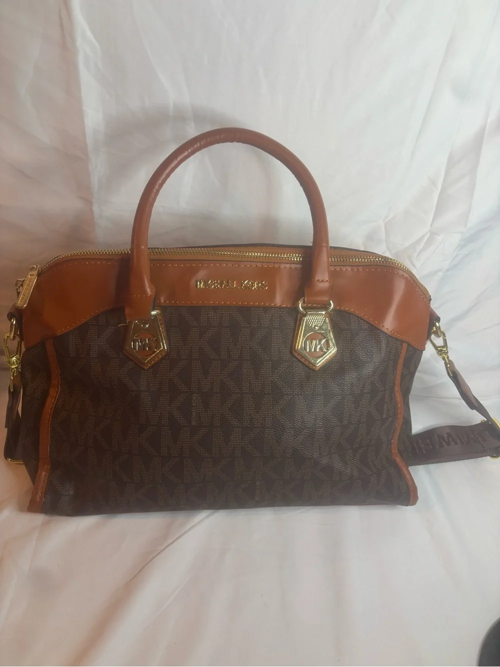 Michael Kors Brown and Tan MK Signature Duffel Bag